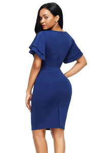 Sexy Royal Blue Flare Sleeve Back Slit Sheath Dress