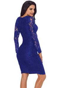 Sexy Royal Blue Floral Lace Panel Accent Ruched Sheath Dress