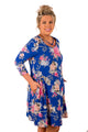 Sexy Royal Blue Floral Print Crisscross Neck Curvy Dress
