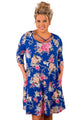 Sexy Royal Blue Floral Print Crisscross Neck Curvy Dress