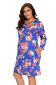 Sexy Royal Blue Floral Print Crisscross Neck Curvy Dress