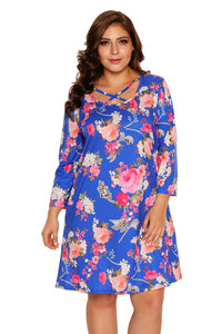 Sexy Royal Blue Floral Print Crisscross Neck Curvy Dress