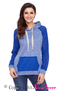 Sexy Royal Blue Lace Accent Kangaroo Pocket Hoodie