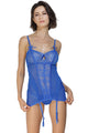 Sexy Royal Blue Lace Me up Garter Chemise Set with G-String