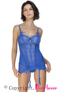 Sexy Royal Blue Lace Me up Garter Chemise Set with G-String