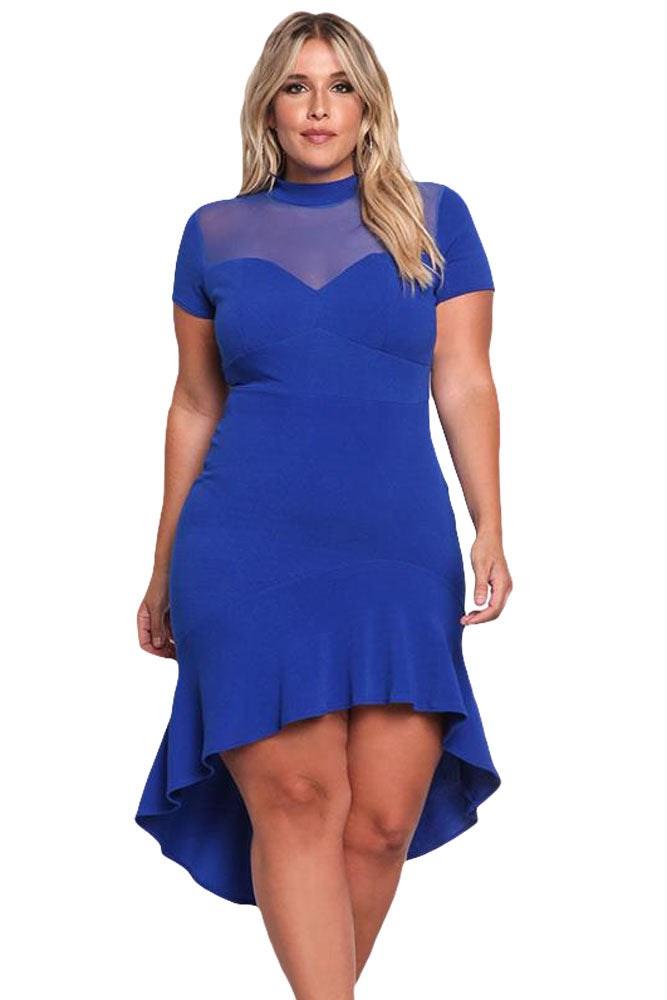 Sexy Royal Blue Mesh Insert Ruffled Hi-low Hem Curvy Dress SEXY AFFORDABLE CLOTHING Sexy Royal Blue Mesh Insert Ruffled Hi-low Hem Curvy Dress SEXY AFFORDABLE CLOTHING