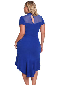 Sexy Royal Blue Mesh Insert Ruffled Hi-low Hem Curvy Dress