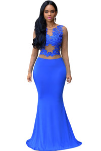 Sexy Royal Blue Nude Mesh Accent Maxi Dress