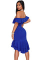 Sexy Royal Blue Off Shoulder Hi-Lo Hem Ruffle Party Dress
