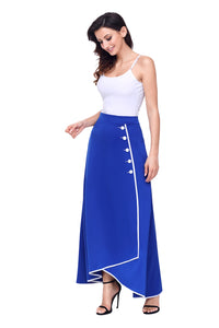 Sexy Royal Blue Piped Button Embellished High Waist Maxi Skirt