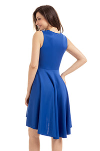 Sexy Royal Blue Pleated Hi-low Hem Sleeveless Skater Dress