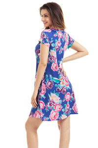 Sexy Royal Blue Pocket Design Summer Floral Shirt Dress