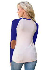 Sexy Royal Blue Raglan Sleeve Elbow Patch and Buttons Top