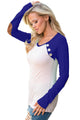 Sexy Royal Blue Raglan Sleeve Elbow Patch and Buttons Top
