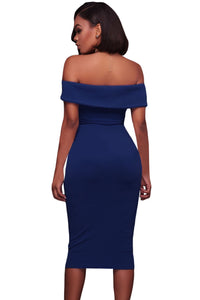 Sexy Royal Blue Ruched Off Shoulder Bodycon Midi Dress