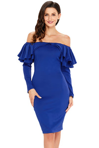 Sexy Royal Blue Ruffle Off The Shoulder Long Sleeve Bodycon Dress
