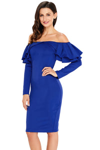 Sexy Royal Blue Ruffle Off The Shoulder Long Sleeve Bodycon Dress