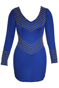 Sexy Royal Blue Studded Long Sleeve Mini Dress