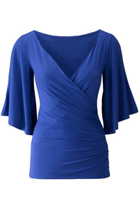 Sexy Royal Blue V Neck Slit Sleeve Wrap Top