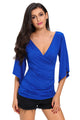 Sexy Royal Blue V Neck Slit Sleeve Wrap Top