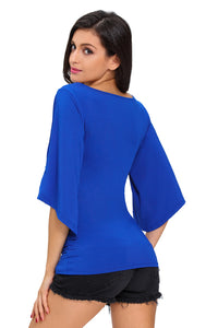 Sexy Royal Blue V Neck Slit Sleeve Wrap Top