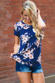 Sexy Royalblue Short Sleeve Round Neck Floral Printed T-shirt