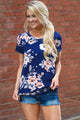 Sexy Royalblue Short Sleeve Round Neck Floral Printed T-shirt
