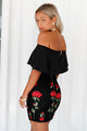 Sexy Ruffle Off Shoulder Floral Embroidered Little Black Dress