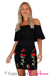 Sexy Ruffle Off Shoulder Floral Embroidered Little Black Dress