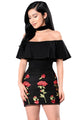 Sexy Ruffle Off Shoulder Floral Embroidered Little Black Dress