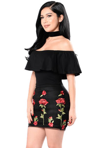 Sexy Ruffle Off Shoulder Floral Embroidered Little Black Dress