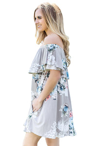 Sexy Ruffle Off Shoulder Grey Floral Mini Dress