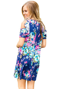 Sexy Ruffled Cold Shoulder Blue Floral Dress