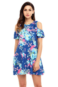 Sexy Ruffled Cold Shoulder Blue Floral Dress