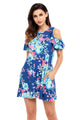 Sexy Ruffled Cold Shoulder Blue Floral Dress