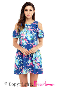 Sexy Ruffled Cold Shoulder Blue Floral Dress