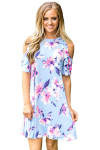 Sexy Ruffled Cold Shoulder Light Blue Floral Dress