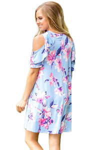 Sexy Ruffled Cold Shoulder Light Blue Floral Dress