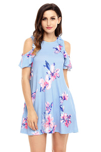 Sexy Ruffled Cold Shoulder Light Blue Floral Dress