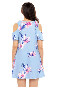 Sexy Ruffled Cold Shoulder Light Blue Floral Dress