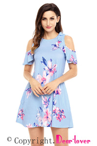 Sexy Ruffled Cold Shoulder Light Blue Floral Dress