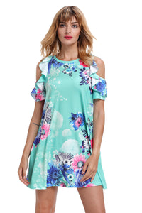Sexy Ruffled Cold Shoulder Mint Floral Dress