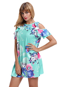 Sexy Ruffled Cold Shoulder Mint Floral Dress