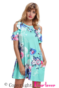 Sexy Ruffled Cold Shoulder Mint Floral Dress