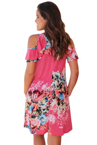 Sexy Ruffled Cold Shoulder Rosy Floral Dress