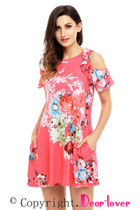 Sexy Ruffled Cold Shoulder Rosy Floral Dress