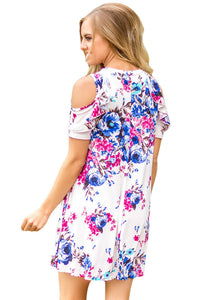 Sexy Ruffled Cold Shoulder White Floral Dress