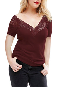 Sexy Rufous Off Shoulder V Lace Neckline Spliced Short Sleeve Top