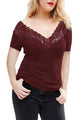 Sexy Rufous Off Shoulder V Lace Neckline Spliced Short Sleeve Top