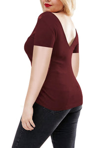 Sexy Rufous Off Shoulder V Lace Neckline Spliced Short Sleeve Top